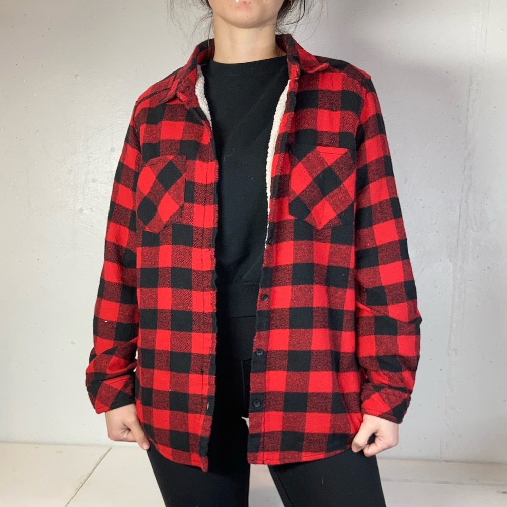 Red + Black Buffalo Check Plaid Sherpa Lined Flannel Long Sleeve Button Down